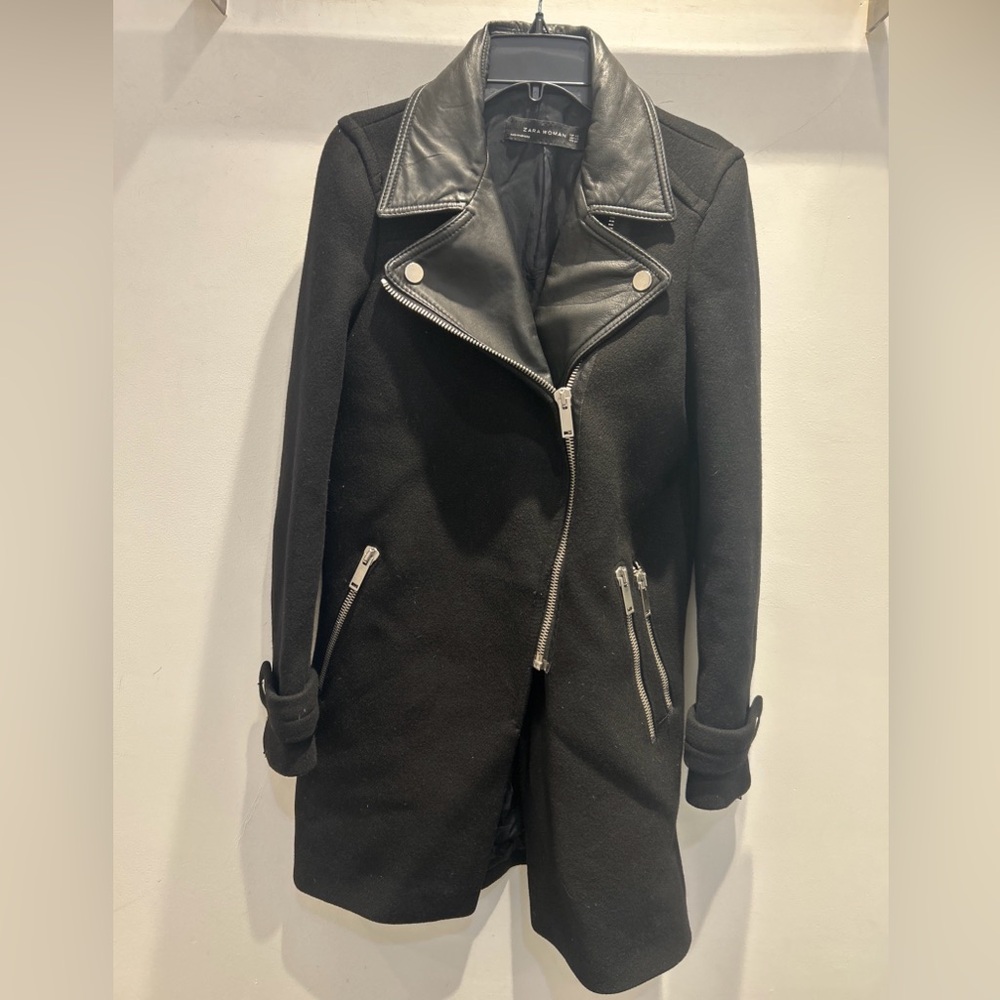 Zara Wool And Lambskin Leather Coat Jacket Black XS